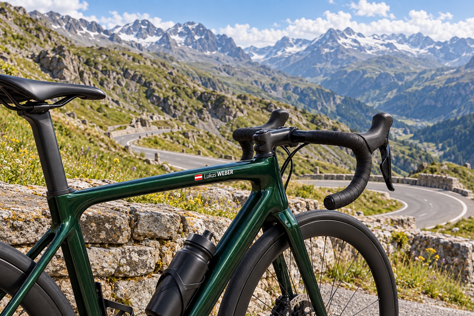 Ötztaler Radmarathon 2027: Vélo vert avec drapeau autrichien et nom Lukas WEBER au bord d’une route alpine