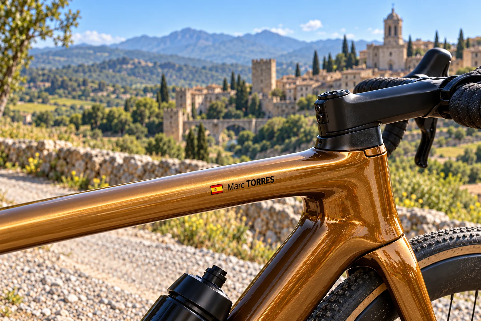 Sea Otter Europe Girona 2027: Vélo personnalisé avec nom et drapeau dans un paysage lié au guide