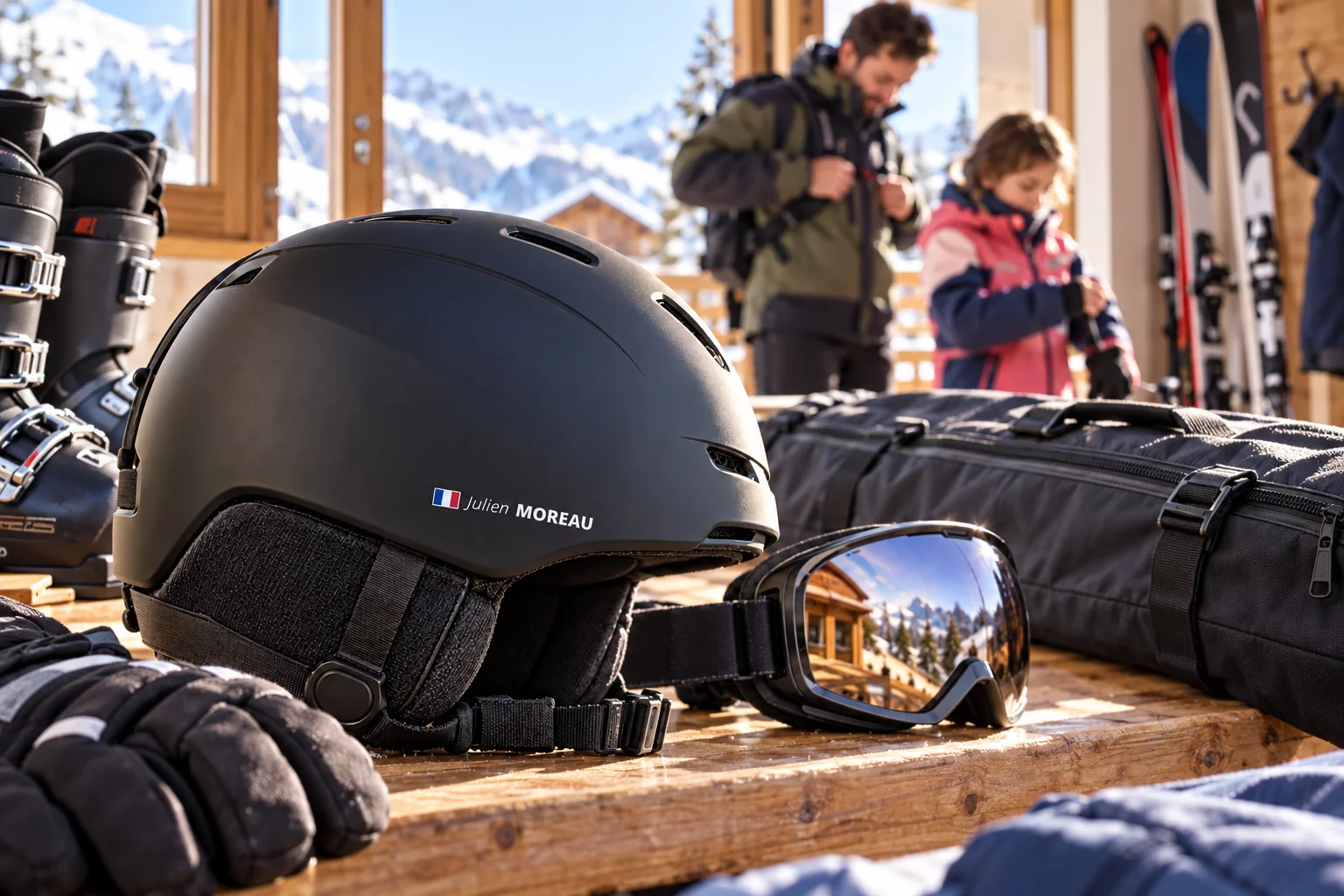 Casque de ski Julien MOREAU avec drapeau français sur une table de chalet, père et enfant à l’arrière-plan