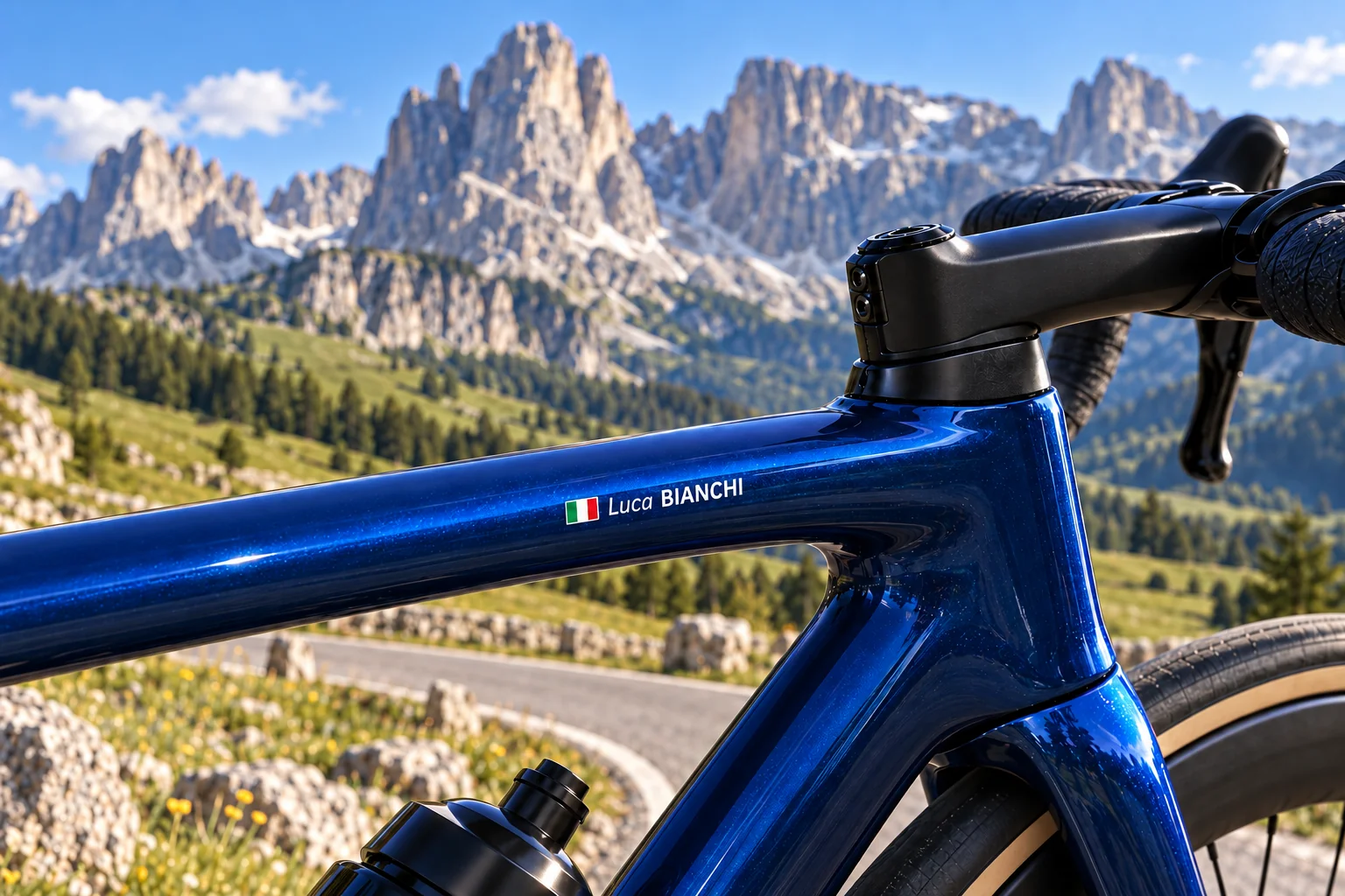 Sportful Dolomiti Race 2027: Vélo personnalisé avec nom et drapeau dans un paysage lié au guide