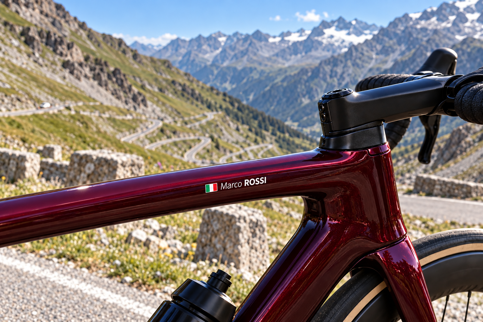La Stelvio Santini 2027: vélo de route bordeaux avec Marco ROSSI et drapeau italien près d’une route alpine
