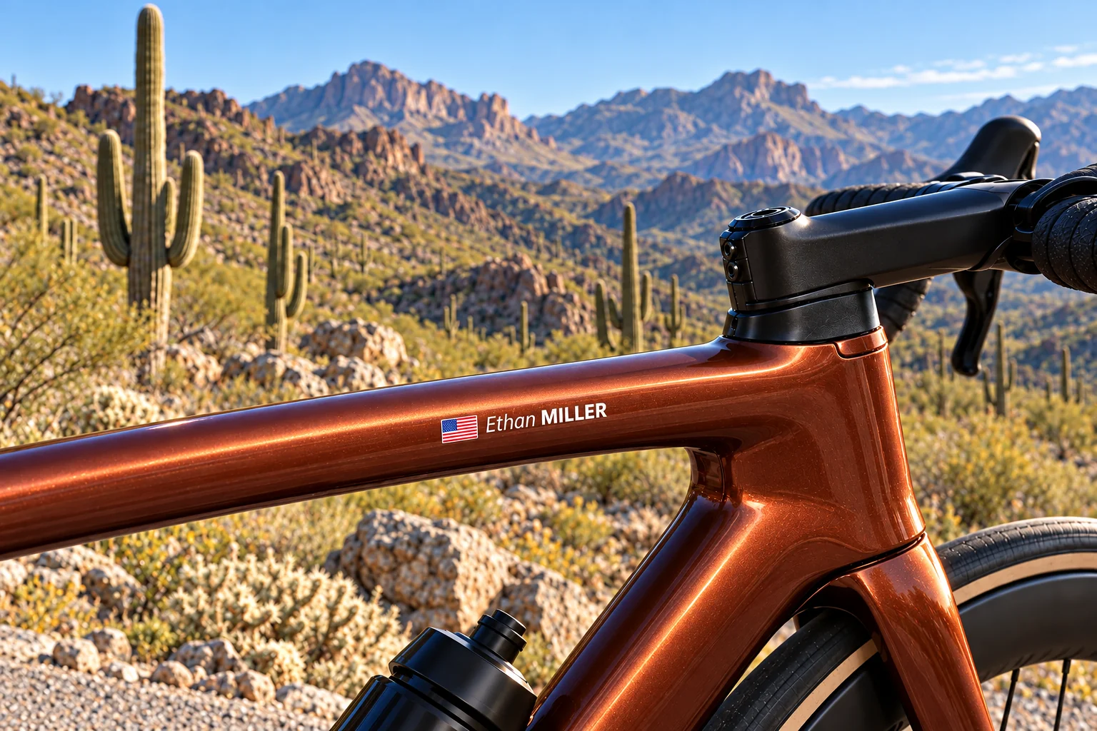 El Tour de Tucson 2026: Vélo personnalisé avec nom et drapeau dans un paysage lié au guide