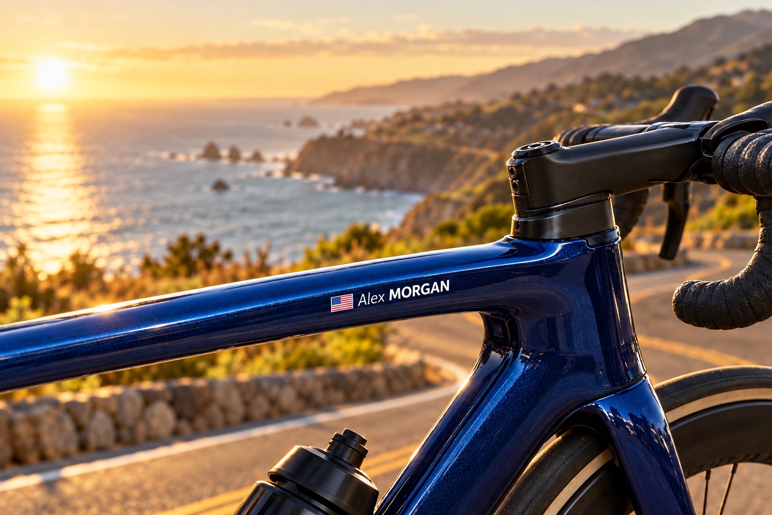 White name-and-USA-flag Pegatin on a blue road bike beside the coast