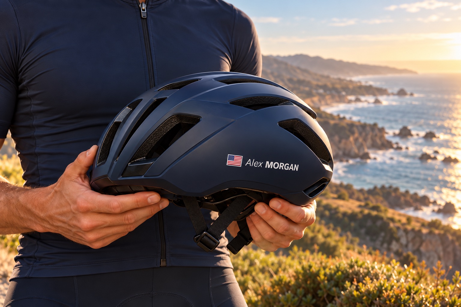 Navy cycling helmet personalised with a white name and USA flag