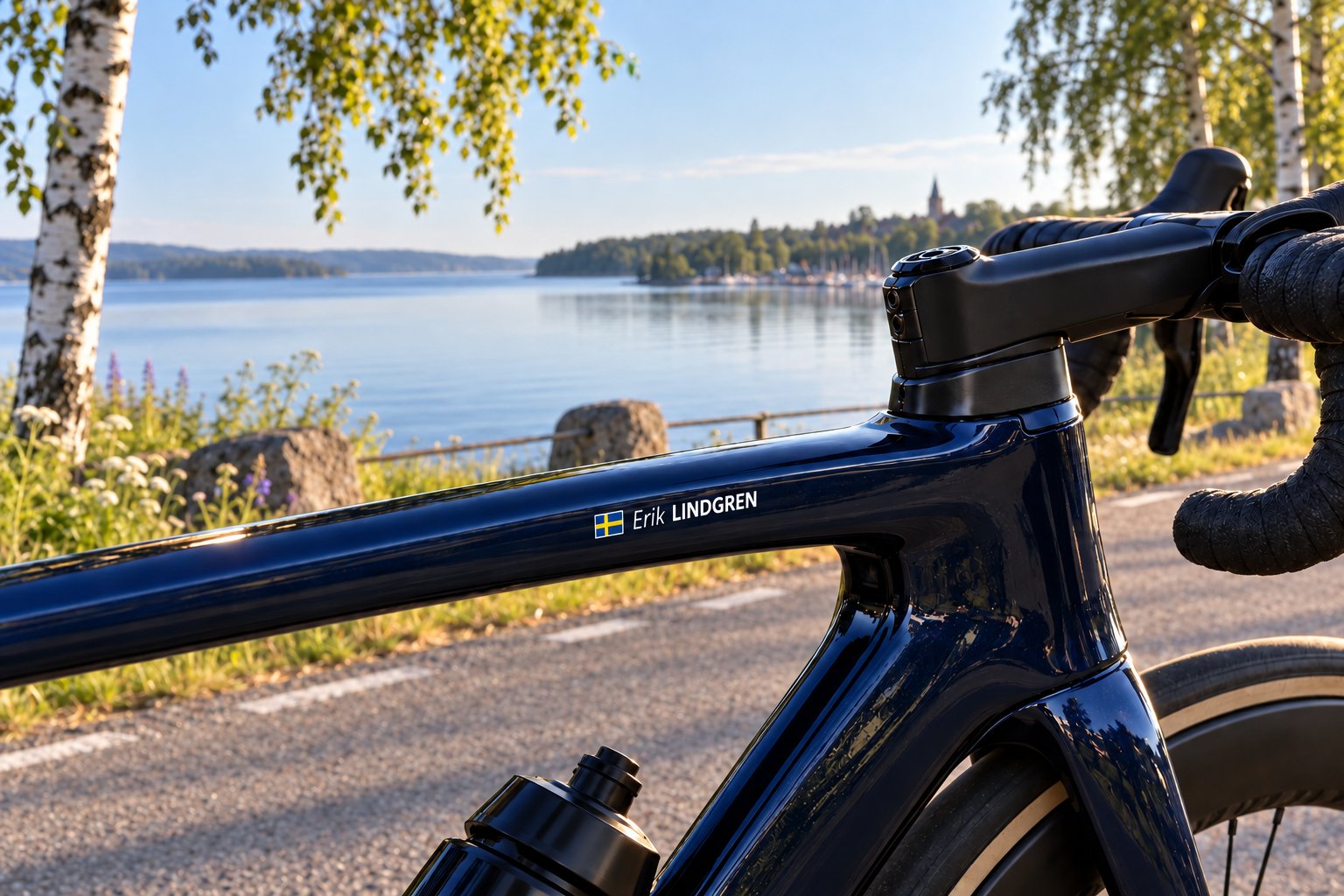 Vätternrundan 2027: vélo de route bleu avec Erik LINDGREN et drapeau suédois au bord du lac Vättern