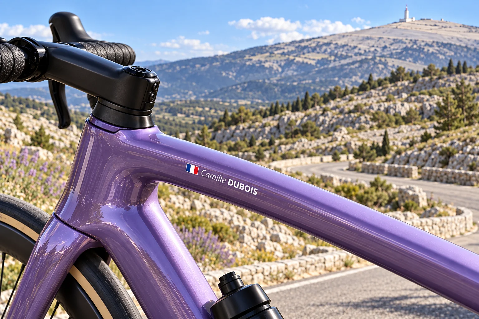 Colnago GF Mont Ventoux 2027: Vélo personnalisé avec nom et drapeau dans un paysage lié au guide