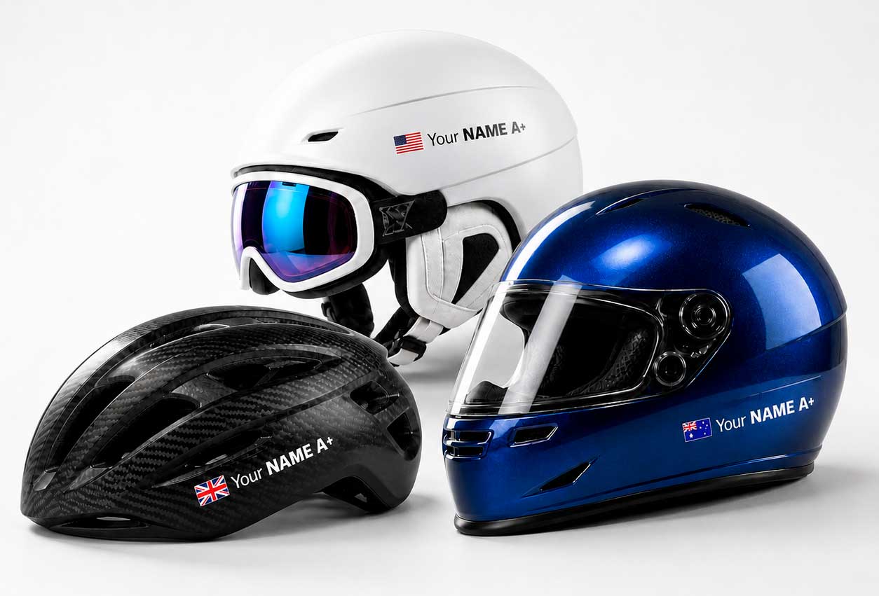 Custom helmet name sticker with personalised name and flag